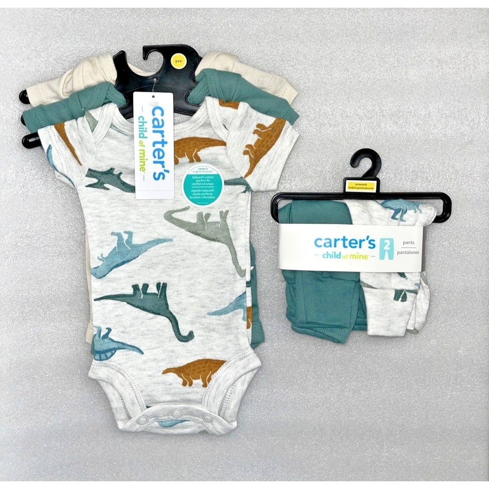 Carters Child Of Mine Baby Boy Dinosaur 5 Pieces - 3 Bodysuits & 2 Pants Preemie